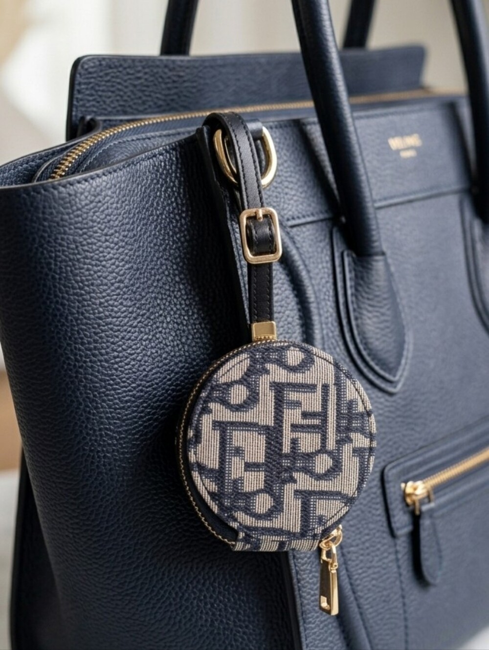 Monogram Round Earpuds Pouch in Navy and Cream